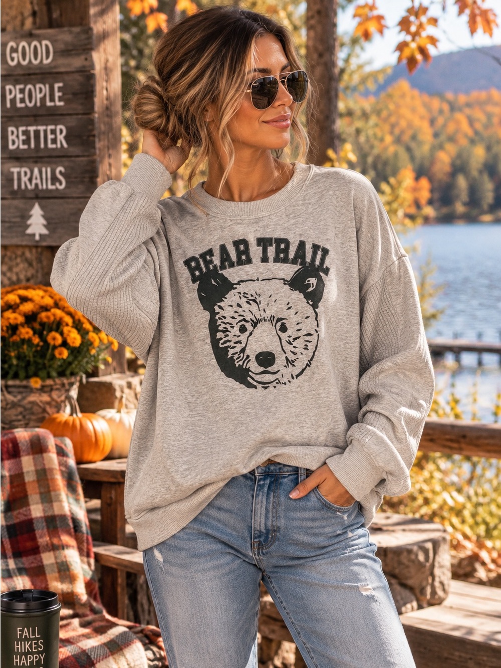 Aerie Bear Trail Oversized Graphic Sweatshirt Gray XS